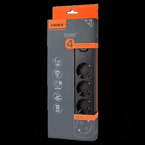 VIDEX ONCORD з/з 4п 3м (3x1.5мм) Мережевий подовжувач з кнопкою Black 99-00017544 фото